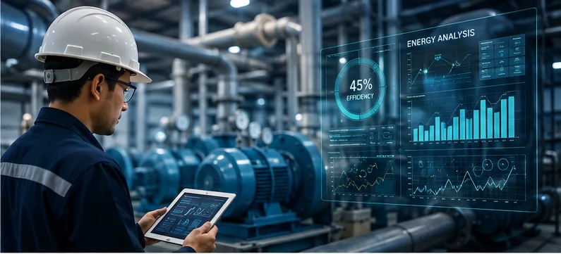 An energy auditor reviewing live plant data on a tablet beside a bank of process pumps.