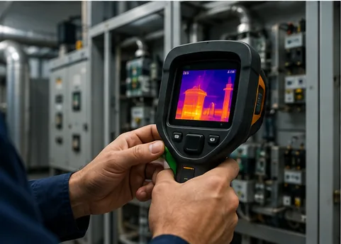 A thermal imaging camera surveying an electrical switchboard for heat losses.
